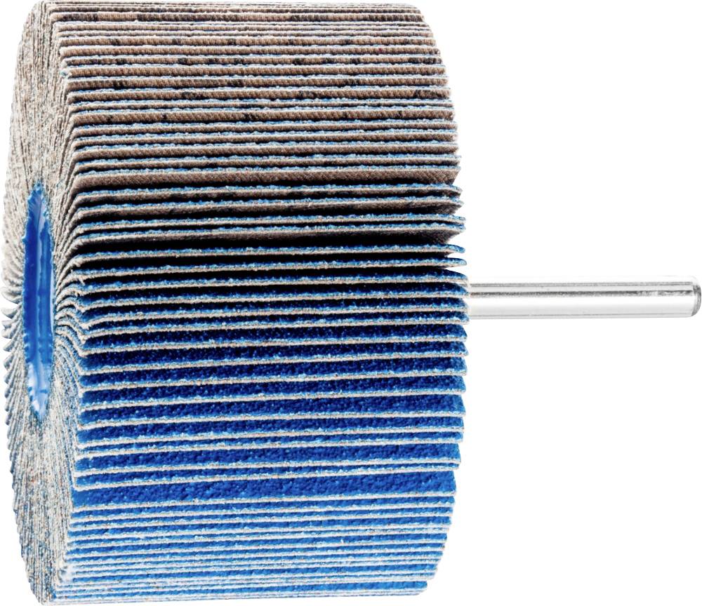 Abrasive flap wheel with metal pin, consisting of stacked, circular sanding discs in blue tones. Used for grinding and sanding work.