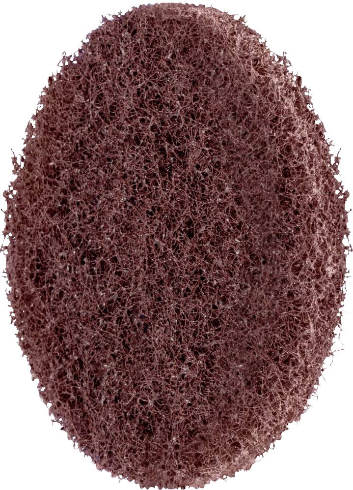 Brown, oval scouring pad made from rough, fibrous material for cleaning surfaces.