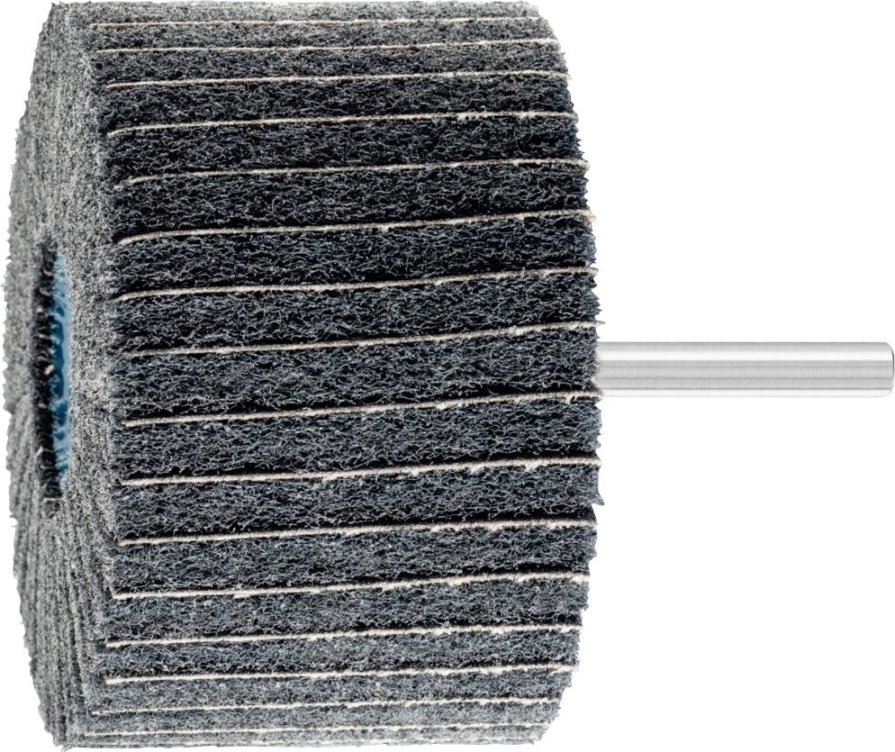 Sanding mop with multiple abrasive paper lamellae, mounted on a metal rod. Used for polishing and sanding.