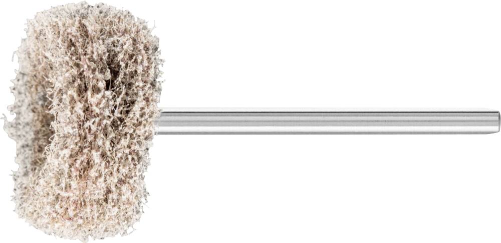 Metal long-handled brush with a rough, fibrous surface for cleaning or polishing materials.