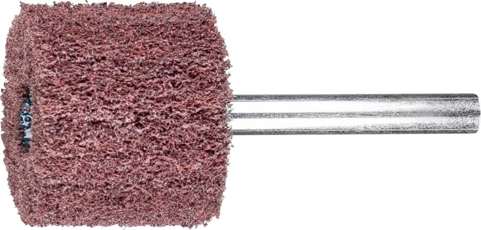 A grinding roller with a rough, brown surface and a metallic shaft, used for smoothing or grinding materials.