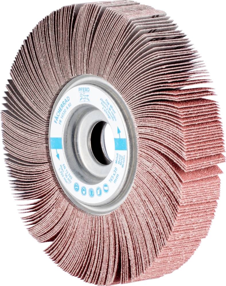 Sanding mop product with red-brown sanding flaps around a circular metal hub, used for grinding metal surfaces.