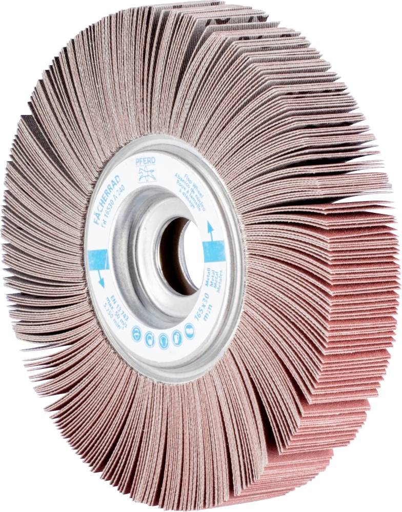 Abrasive disc with radially arranged lamellas made of sandpaper. Used for material removal and polishing in industrial applications.