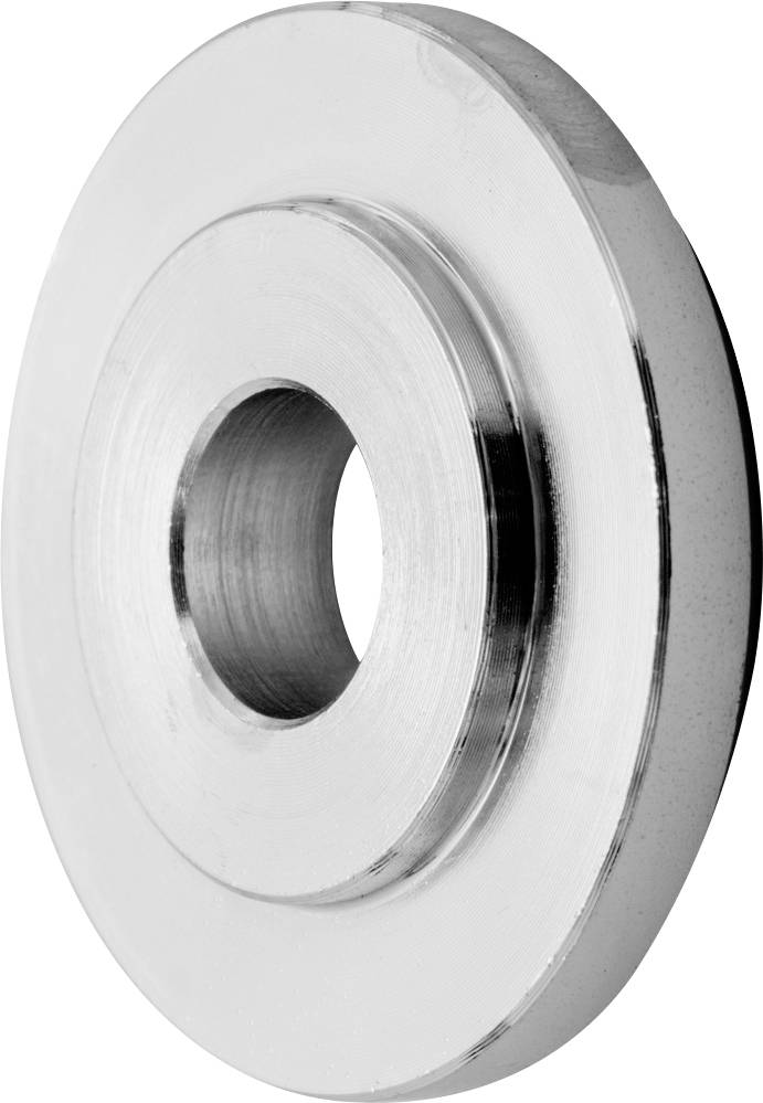 Metal disc with a central hole, shiny surface, possibly part of a mechanical component.