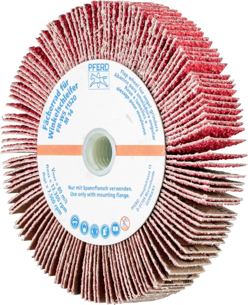 'Flap disc for angle grinder, PFERD, only use with clamping flange' is written on a red grinding tool made of multiple layers.