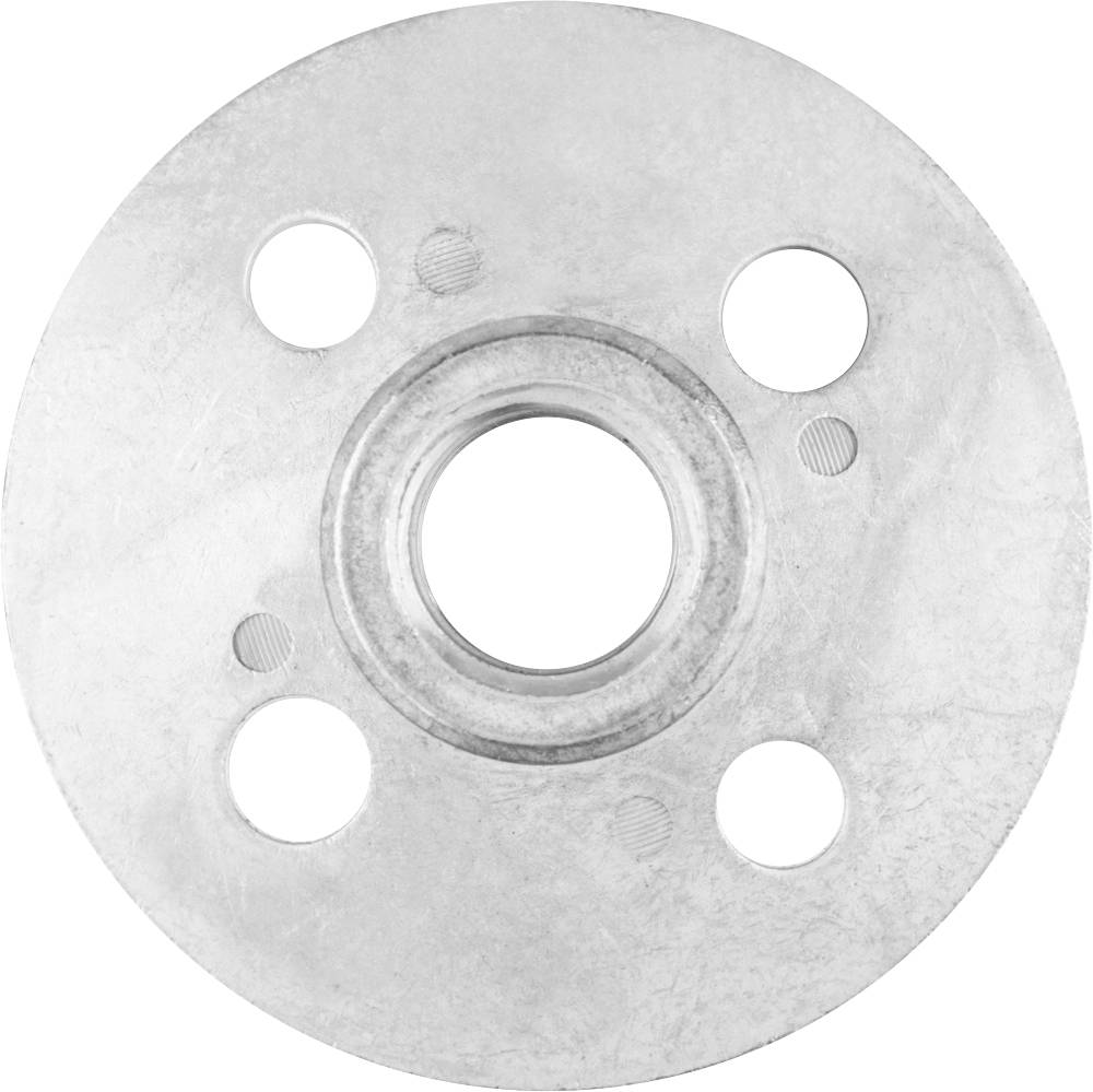 Silver metal wheel with a central hole and four evenly distributed, smaller holes on a flat surface.