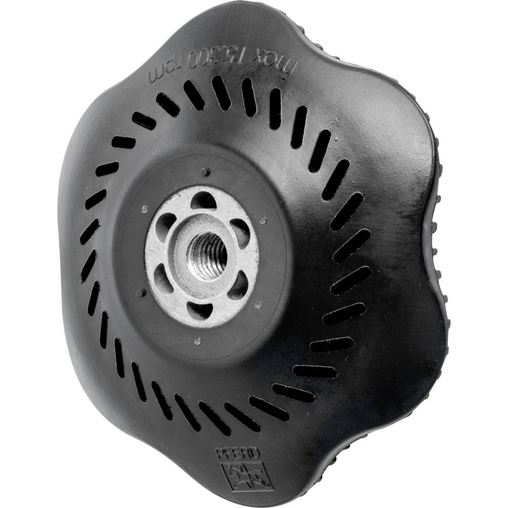 A black, round grinding disc with ventilation slots and a metal centre for attachment to a tool, likely for woodworking.
