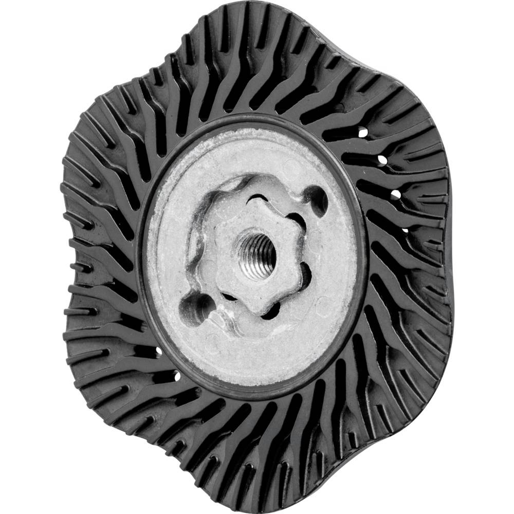 A curved grinding wheel with a metal core and external teeth for surface machining.