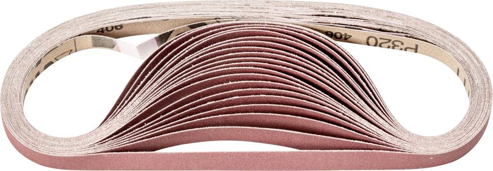 A stack of sanding belts arranged in a wavy pattern. They are reddish-brown and have a marked grit rating of P320.
