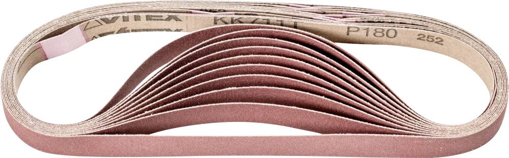 Several layered sanding belts in a fan-like arrangement. They are made of sand-brown sandpaper and have a grit rating of P180.