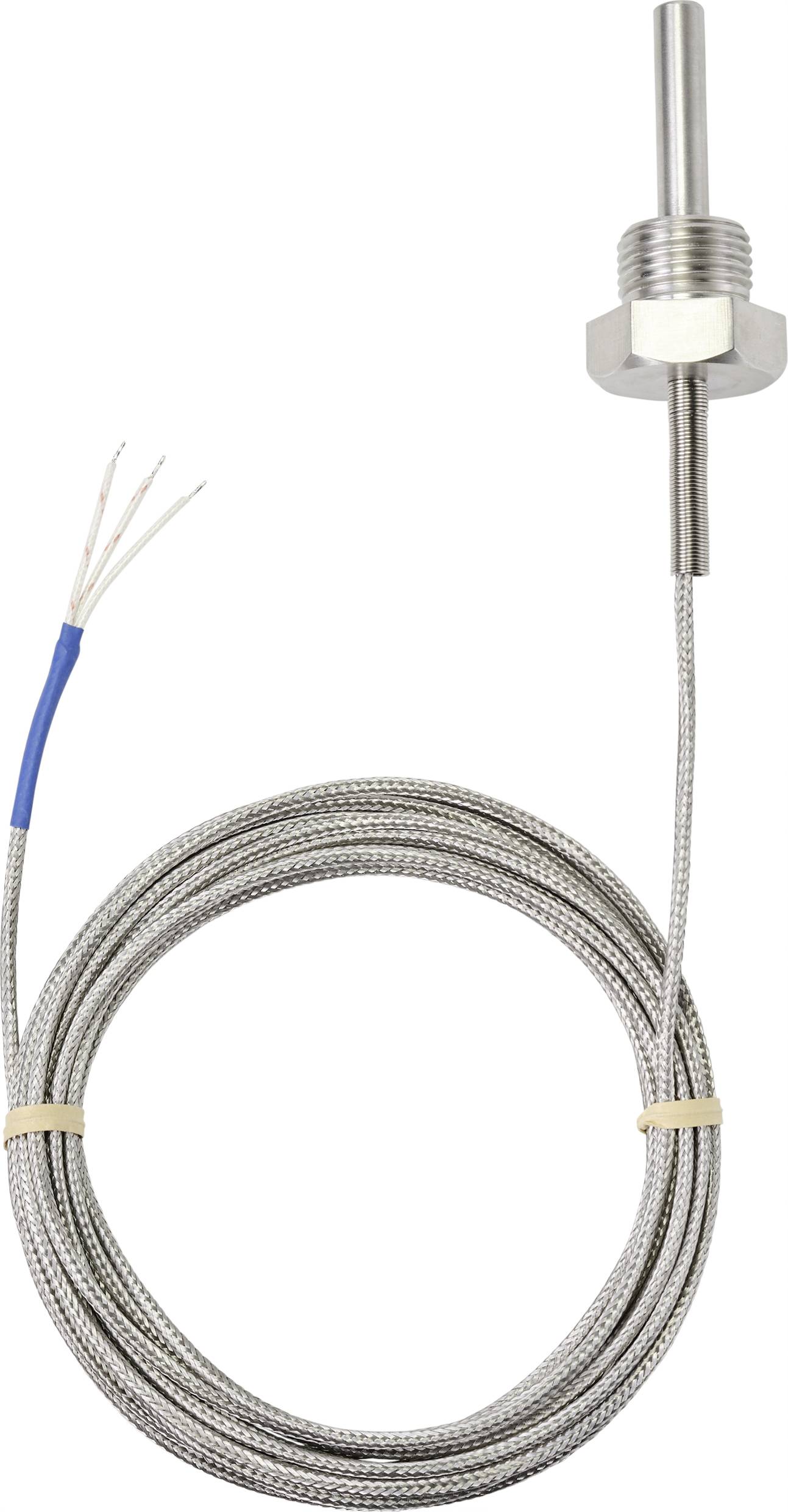 Temperature sensor with stainless steel casing and long cables for industrial applications. Suitable for precise temperature measurement.