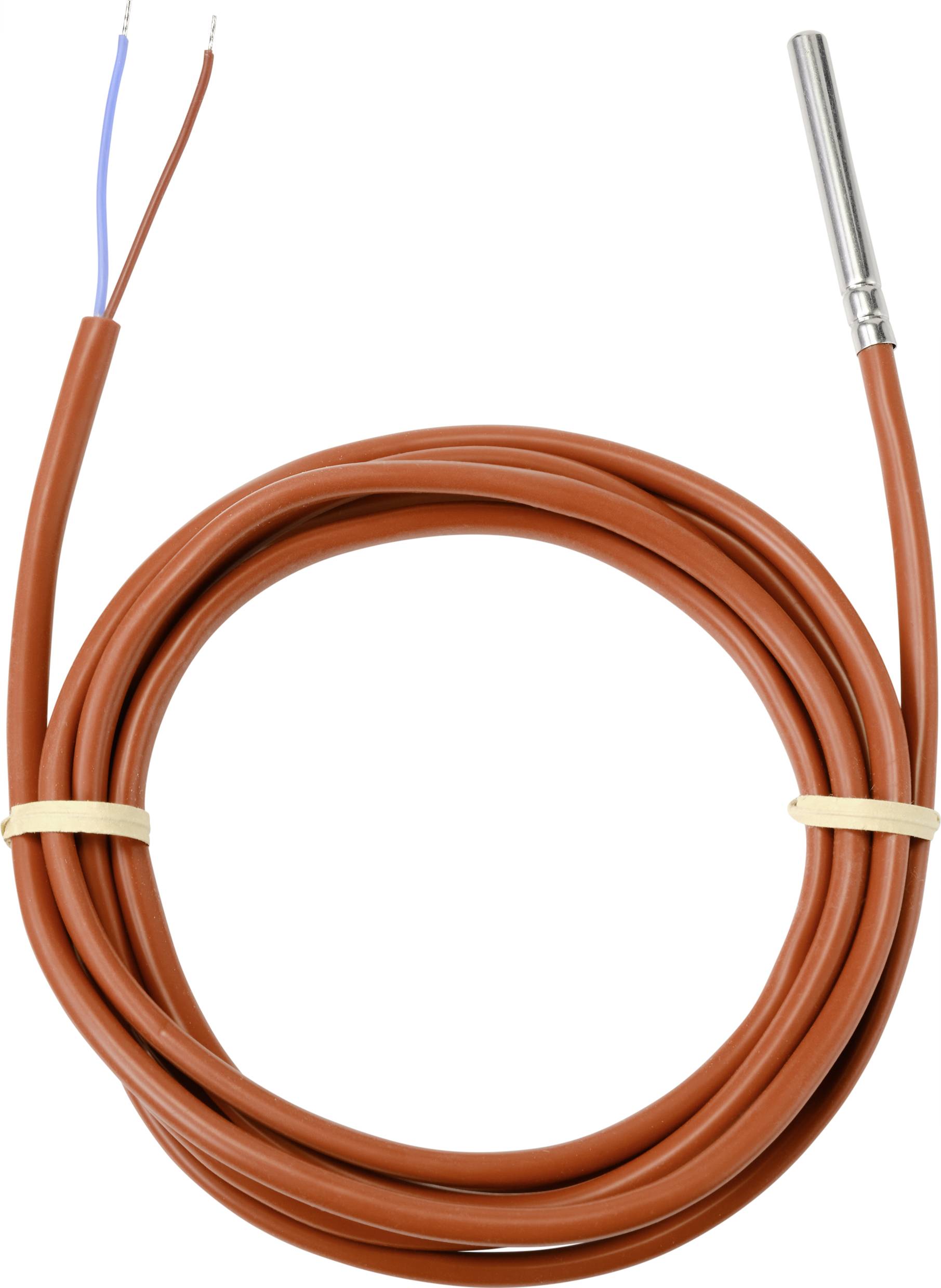 A red cable with a metal sensor at the end, possibly a temperature sensor, with stripped end wires.