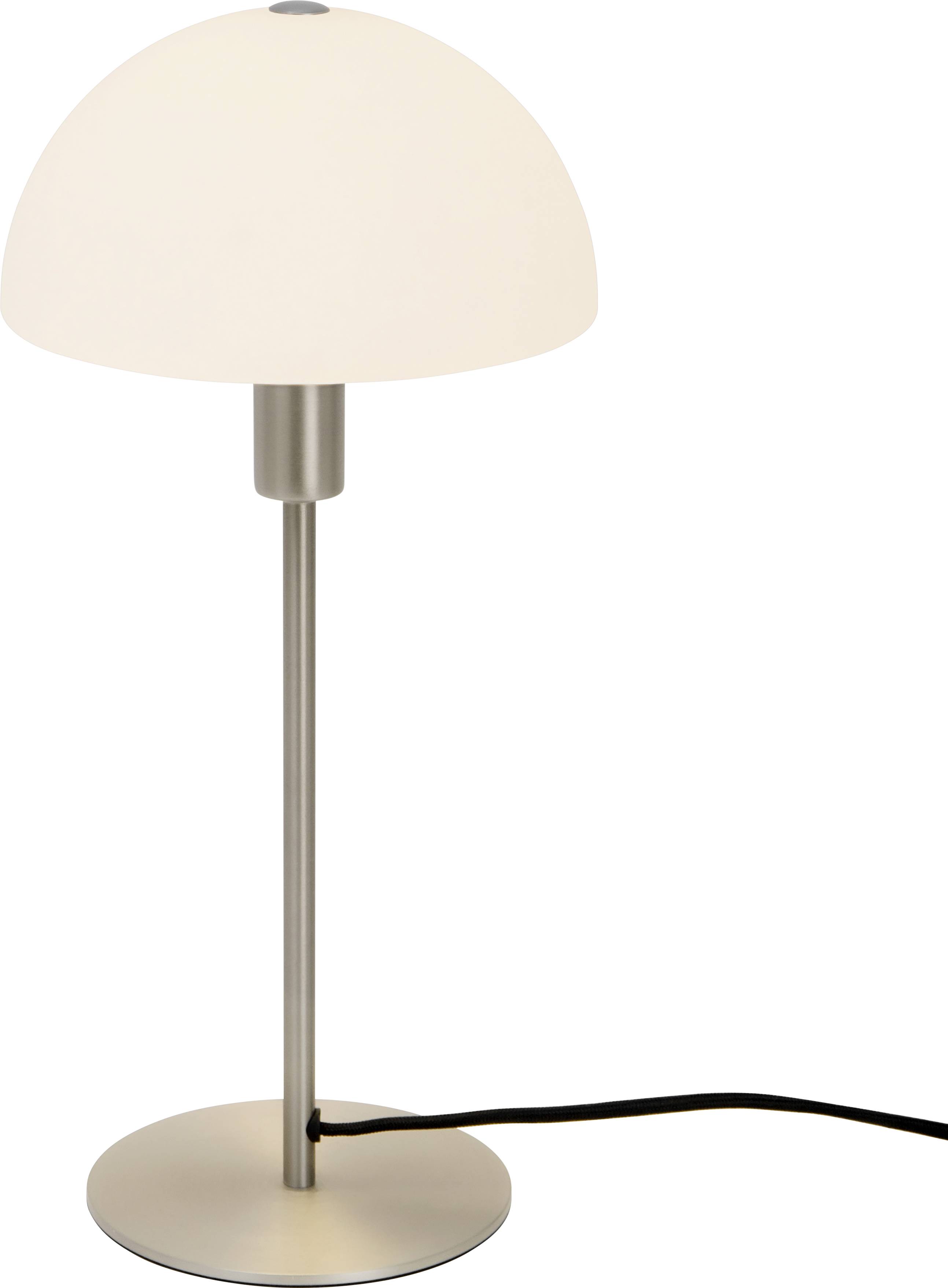 A modern table lamp with a semi-spherical, white lampshade and a metal base. The cable is visibly positioned at the bottom.