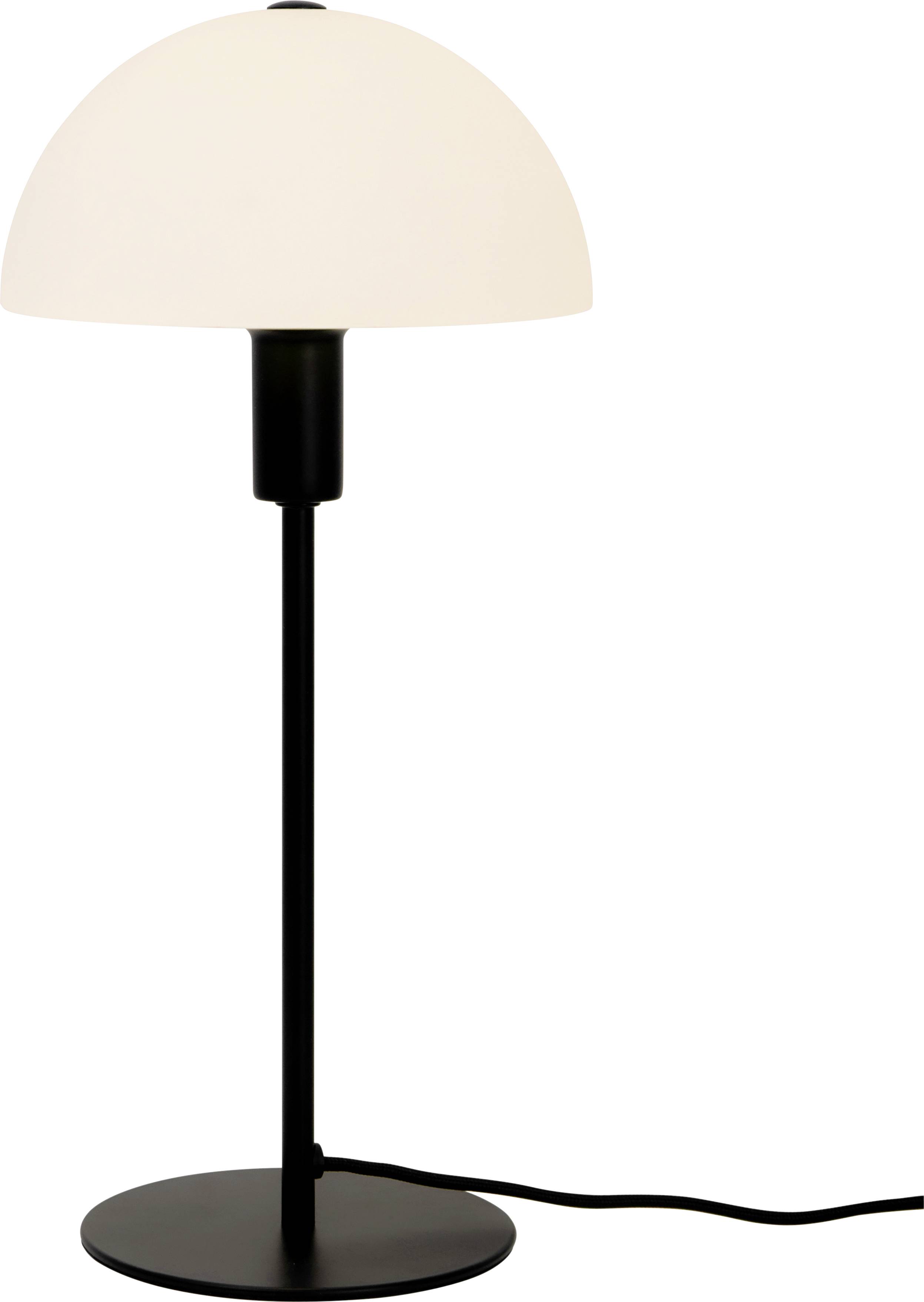A black table lamp with a white, hemispherical lampshade. The design is modern and minimalist.