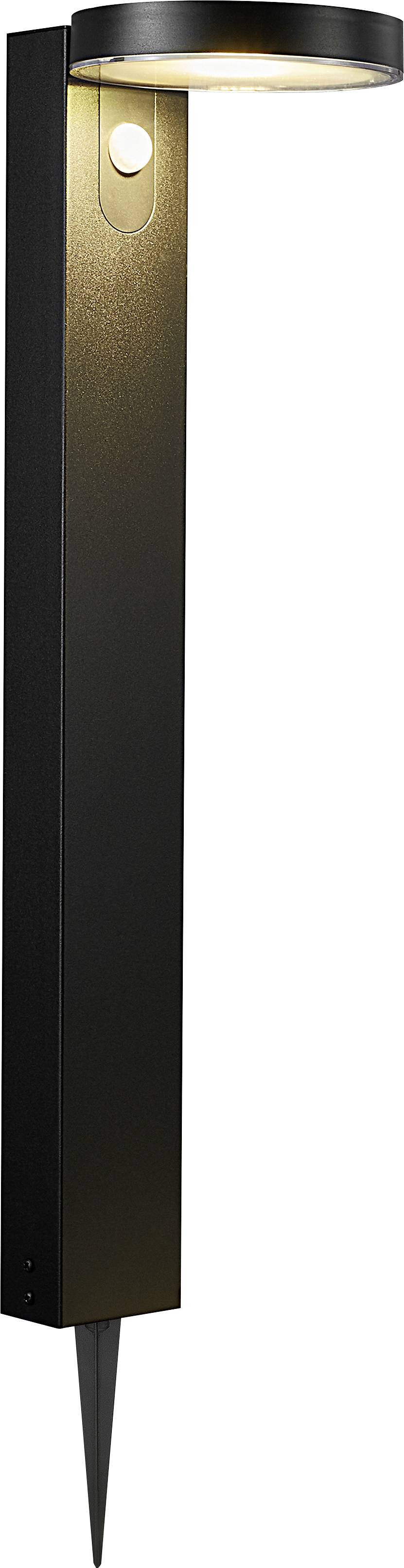 Black garden lamp mounted on a ground spike with integrated motion sensor, emitting downward-directed light.