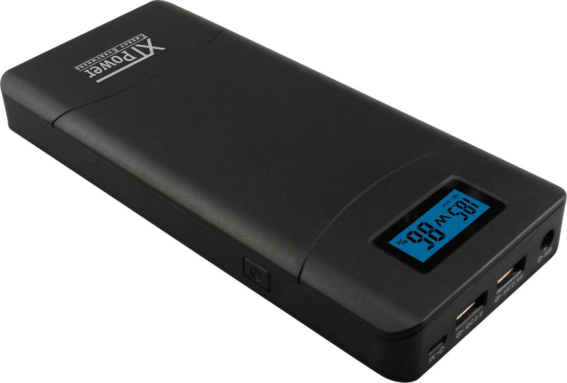 Black power bank with digital display. Shows 85% battery charge status. Two USB ports visible. Suitable for mobile charging.