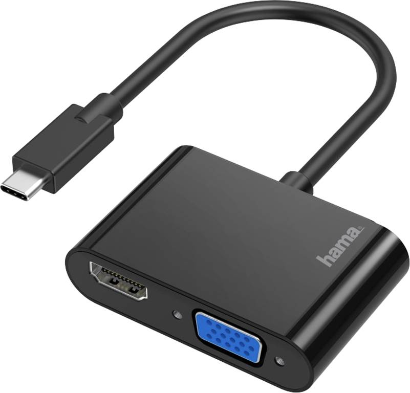 Black USB-C adapter with VGA and HDMI ports, suitable for connecting devices to external monitors or projectors.