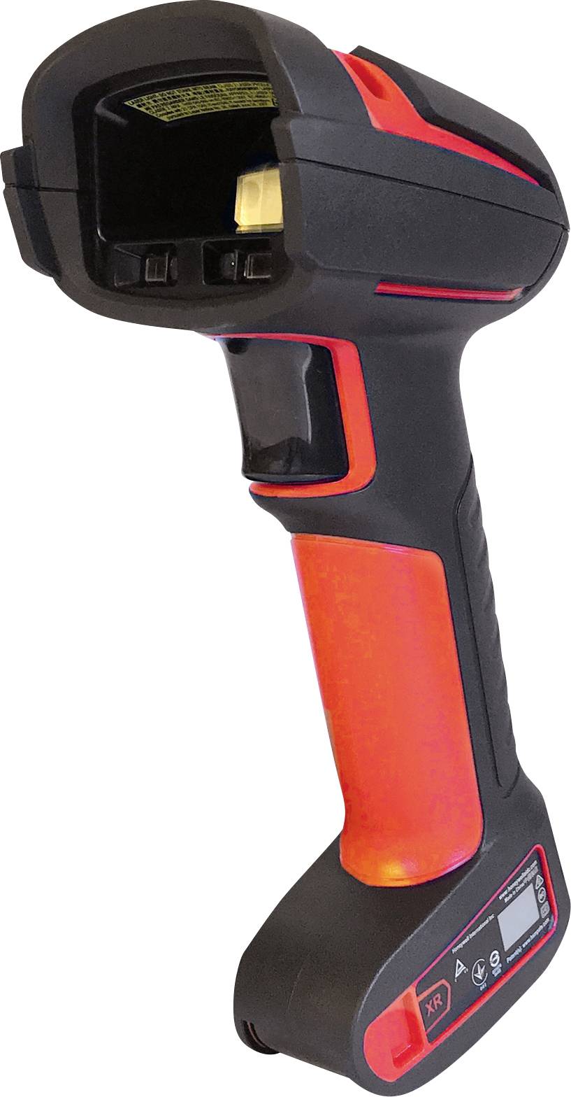 A handheld scanner with a red and black casing. It has a small display and buttons on the handle.