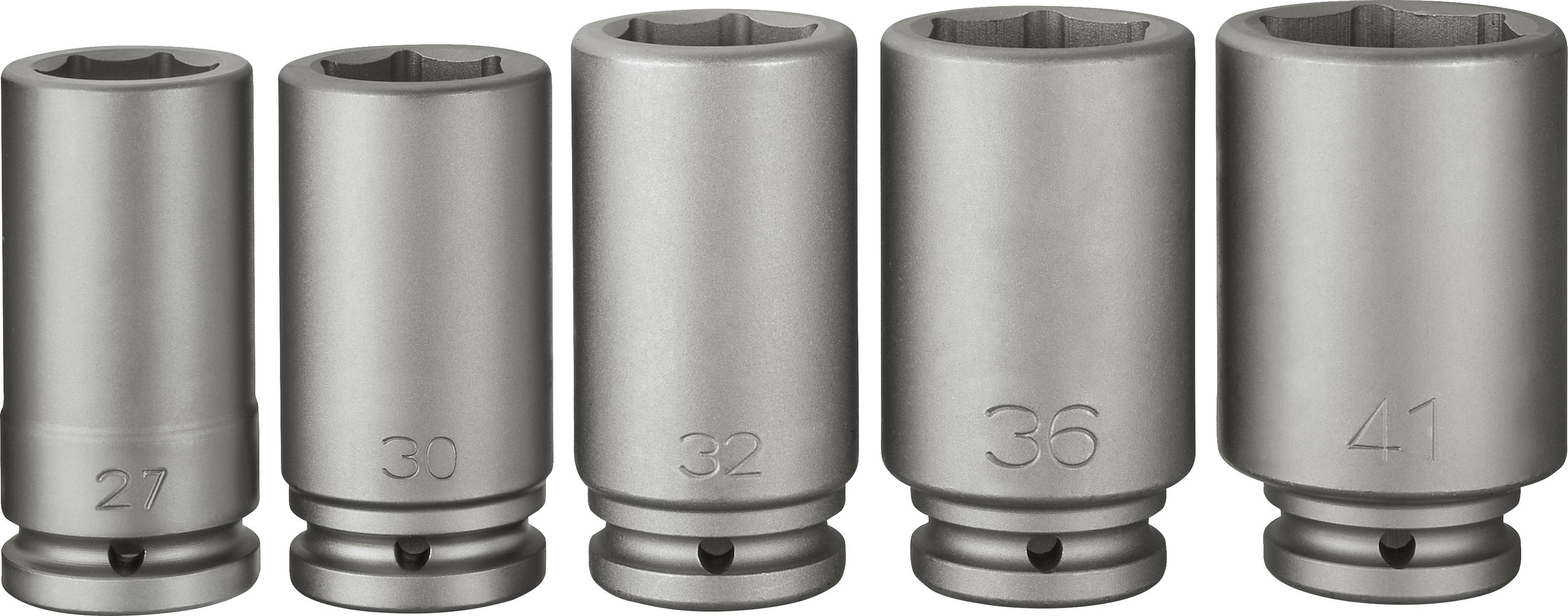 Five metallic socket keys of different sizes, labelled with the numbers 27, 30, 32, 36 and 41, arranged side by side.