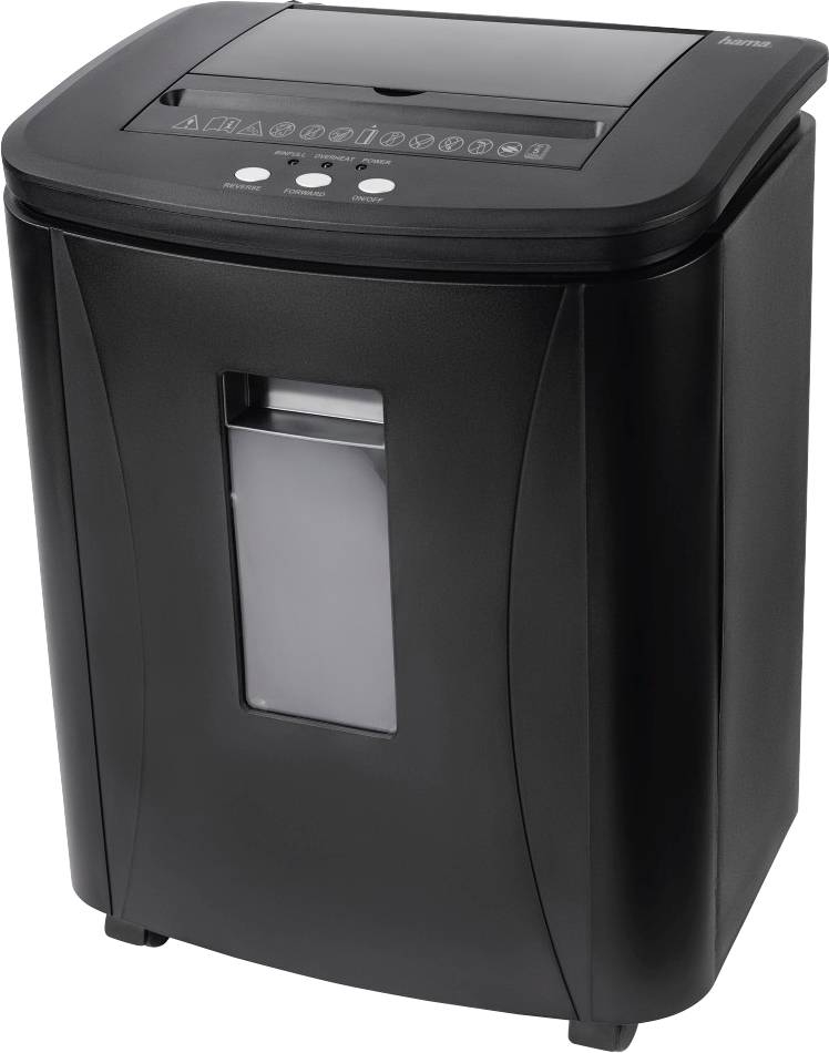 A black paper shredder with a narrow viewing window and control buttons on top for secure document destruction.