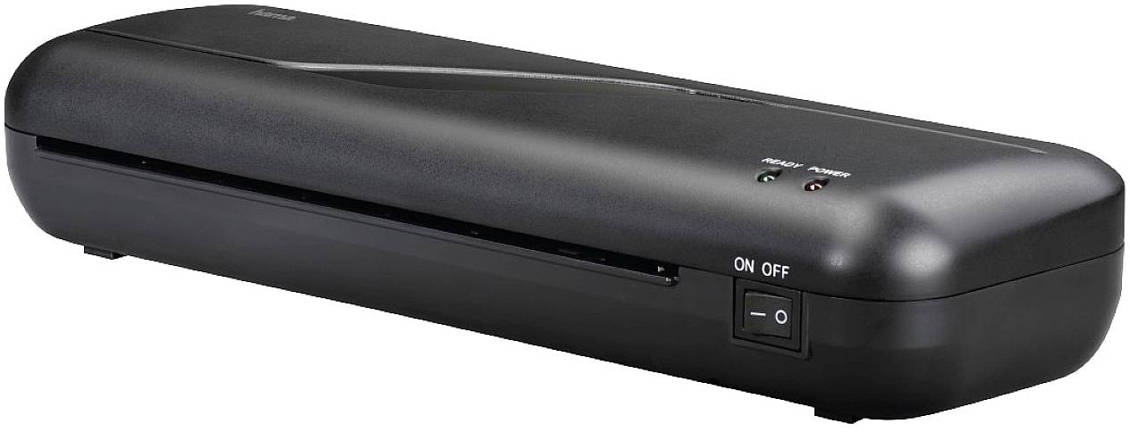 A black laminating machine with an on/off switch and two indicator lights. Designed for laminating documents.