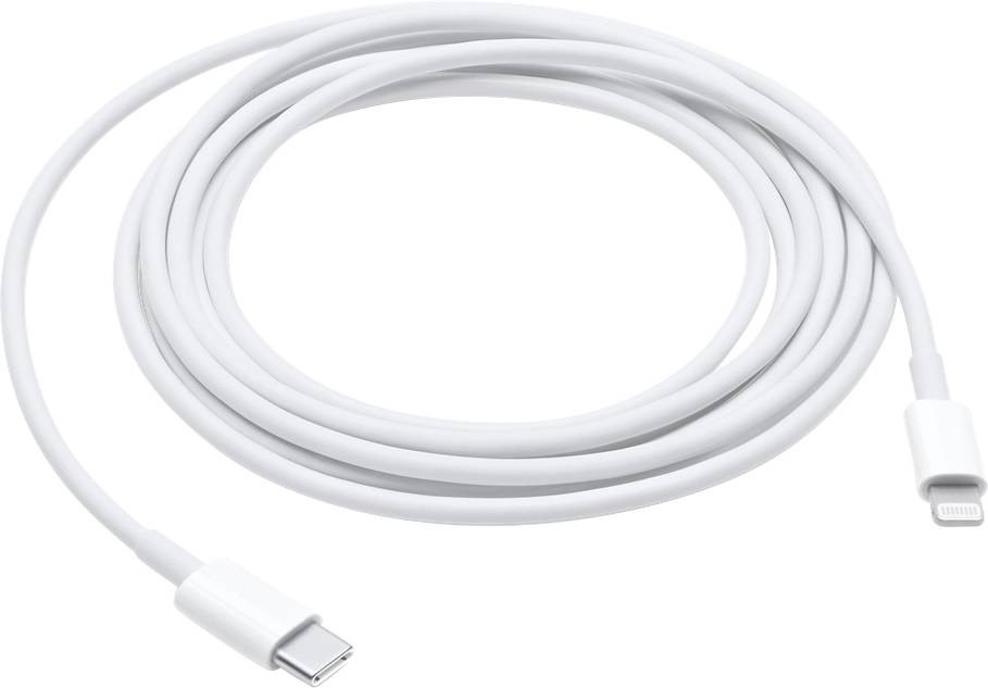 A white USB-C to Lightning cable, coiled up.