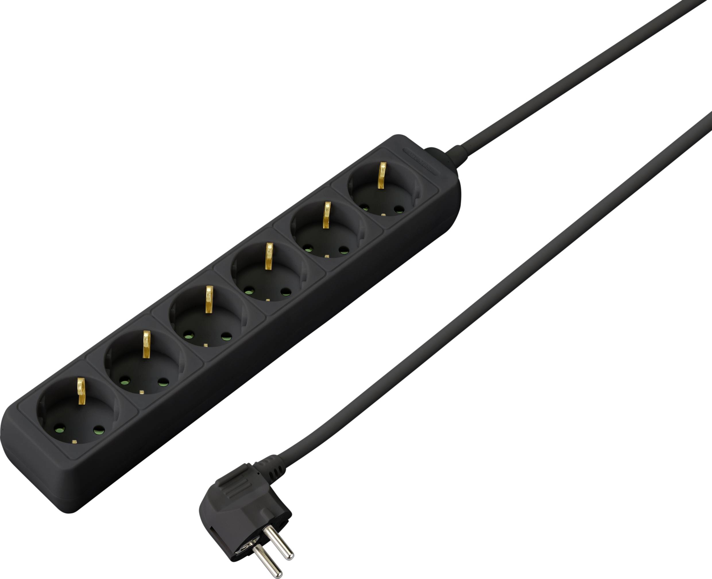 Five socket strips in black with earthed plugs, suitable for European plug types. Suitable for connecting multiple devices.