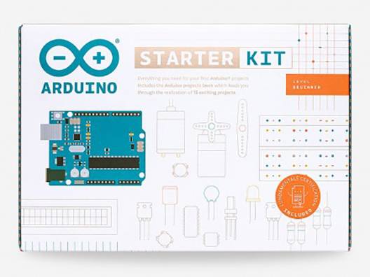 Arduino Starter Kit packaging with illustrations of electronic components such as a microcontroller, LEDs, and resistors. Contains everything for beginner projects.