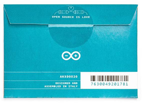 A turquoise envelope with the text 'Open Source is Love' and a barcode. Developed and assembled in Italy.
