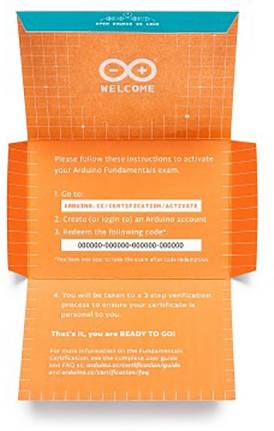 Orange, foldable paper with instructions for activating an Arduino certification exam and activation code.