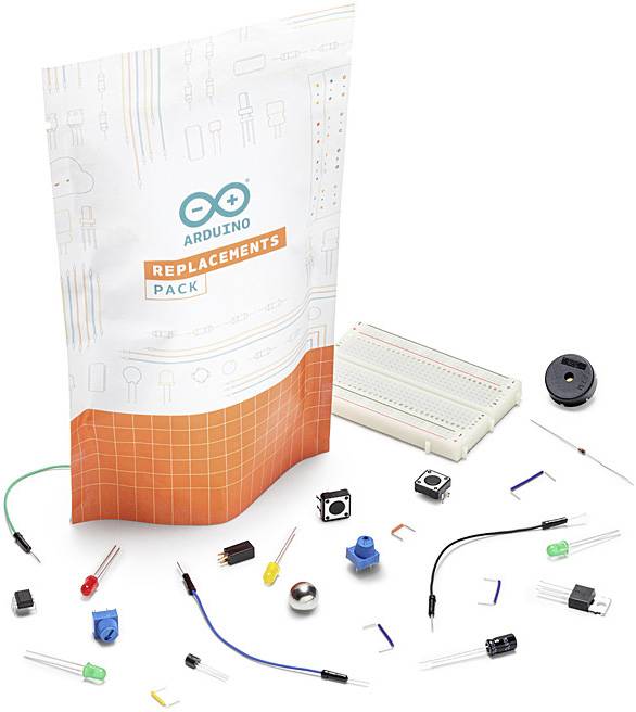 'Spare Parts Pack' from Arduino with cables, sensors, and a circuit board. Perfect for electronic projects and repairs.