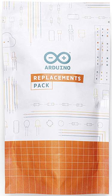 Spare parts pack with Arduino logo. Contains illustrations of electronic components such as resistors and LEDs on the packaging.