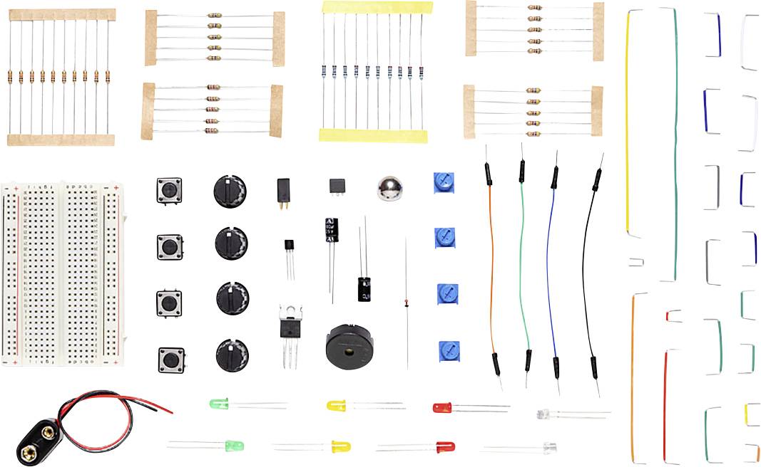 Electronic component set with resistors, switches, LEDs, capacitors and connecting cables, suitable for DIY projects.