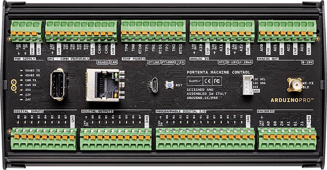 A black control module with green and orange connection terminals. Label reads: 'Portenta Machine Control Arduino Pro'.