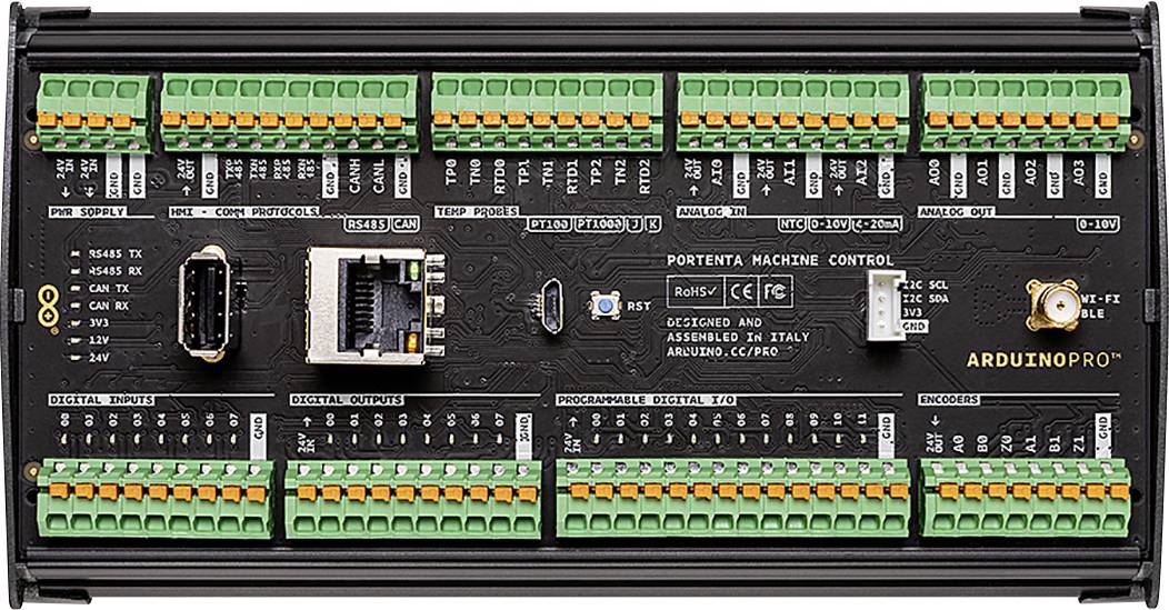 Control board with various connections and interfaces. Labels show digital and analogue inputs/outputs. Brand name 'Arduino Pro' visible.