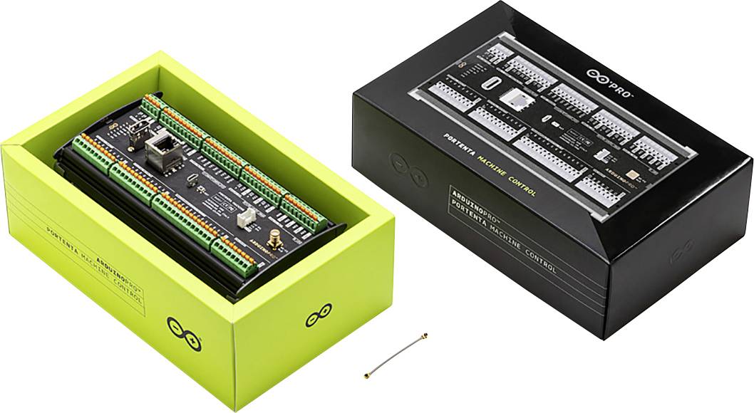 'Arduino' control board in green box; next to a black box with circuit board overview. Main component for electronics projects.