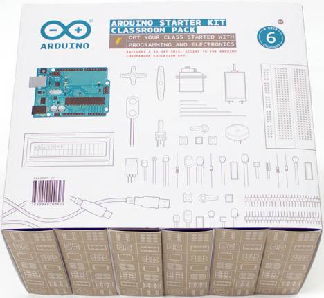 Arduino Starter Kit Classroom Pack Box with Electronic Components and Illustrations of Parts. Text: 'Get your class started with programming and electronics'(Note: This translation is already in British English and requires no significant changes.)