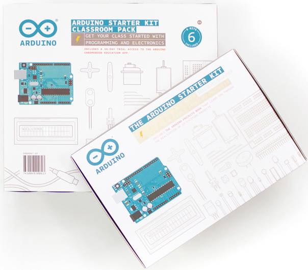 Two boxes with Arduino logos and graphics. The larger box is a 'Classroom Pack', the smaller one a 'Starter Kit'. Electronics theme.