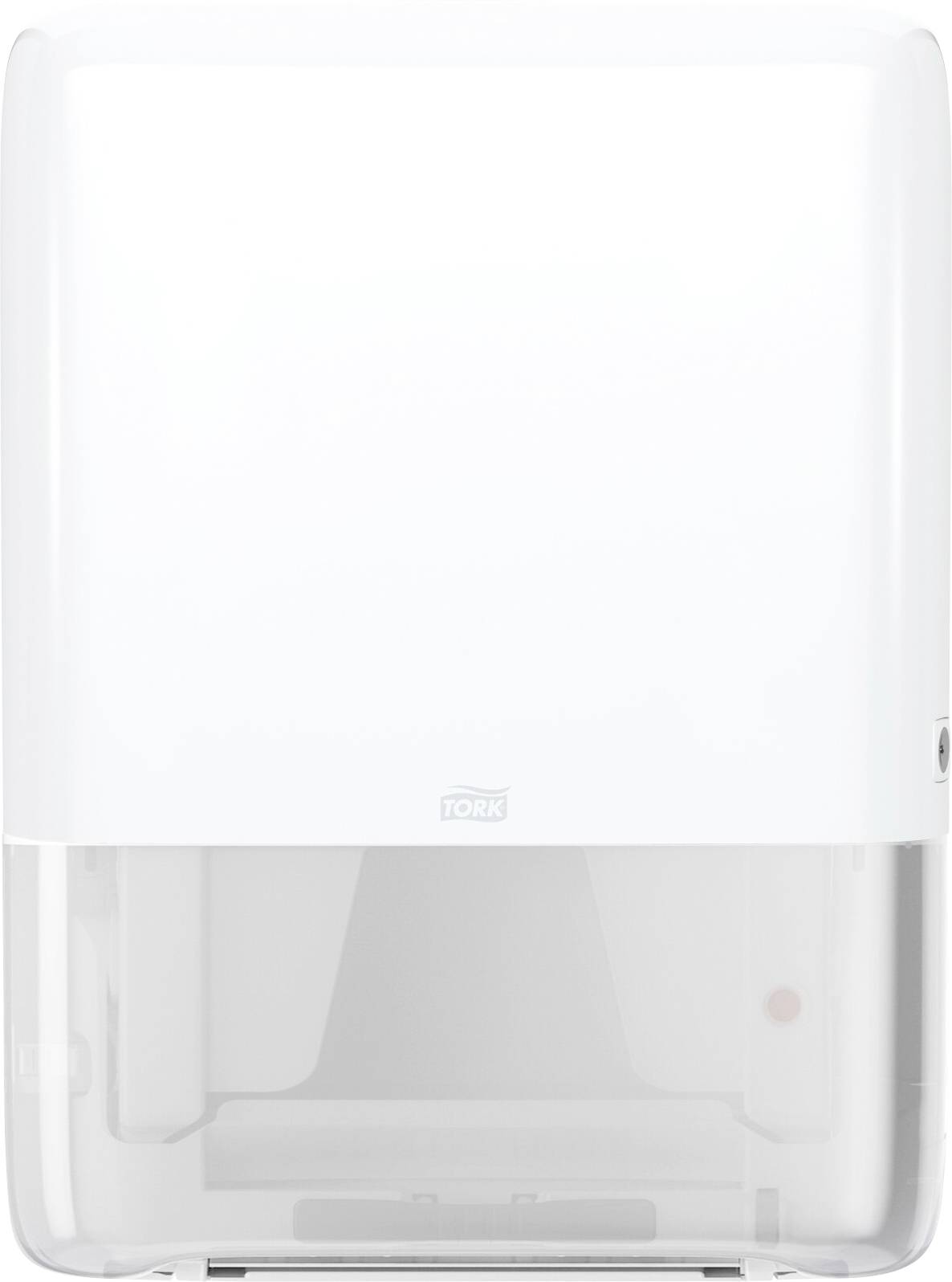 Paper towel dispenser mounted on the wall, white casing, front view.