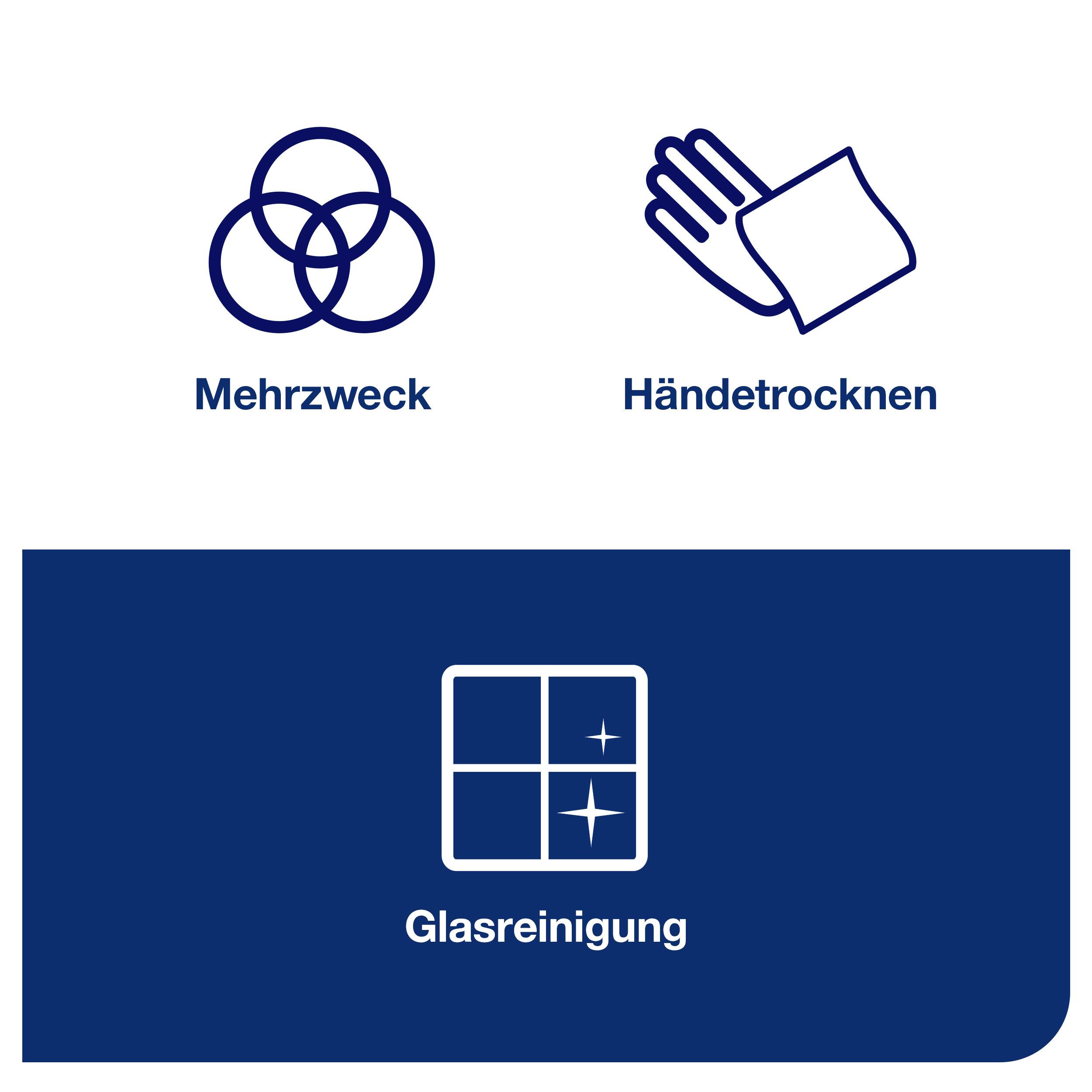 'Multi-purpose': Three interconnected circles, 'Hand drying': Hand with a towel, 'Glass cleaning': Window with a shine effect. Symbols for cleaning purposes.