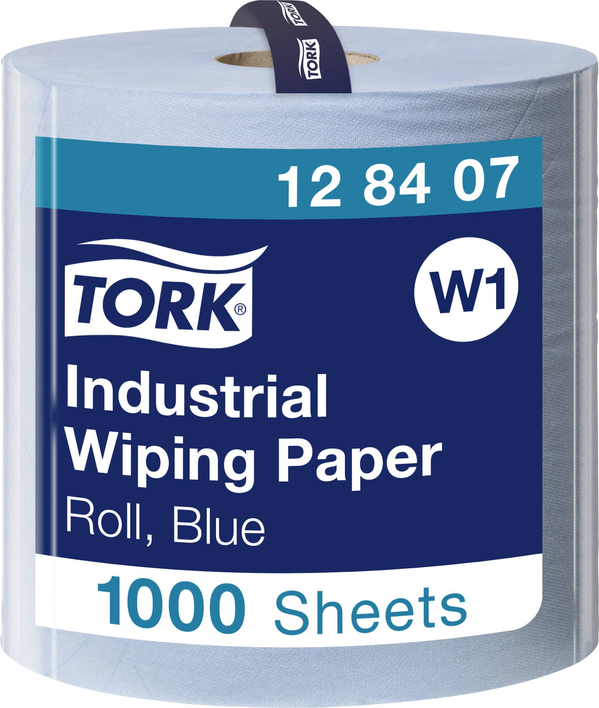 A roll of blue industrial paper by Tork, model number '12 84 07', with 1,000 sheets.