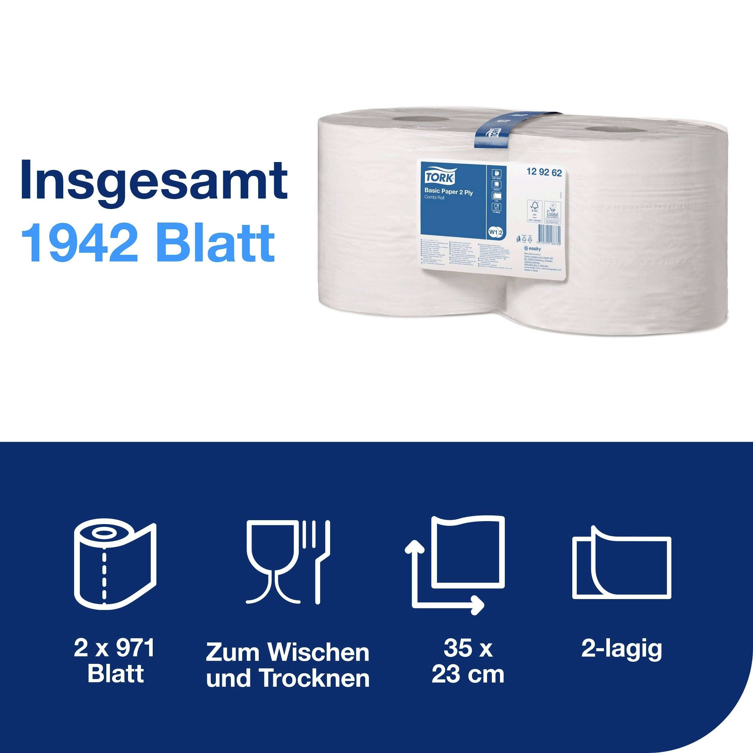 Two large paper towel rolls, totalling 1,942 sheets. Suitable for wiping and drying, dimensions 35 x 23 cm, 2-ply.