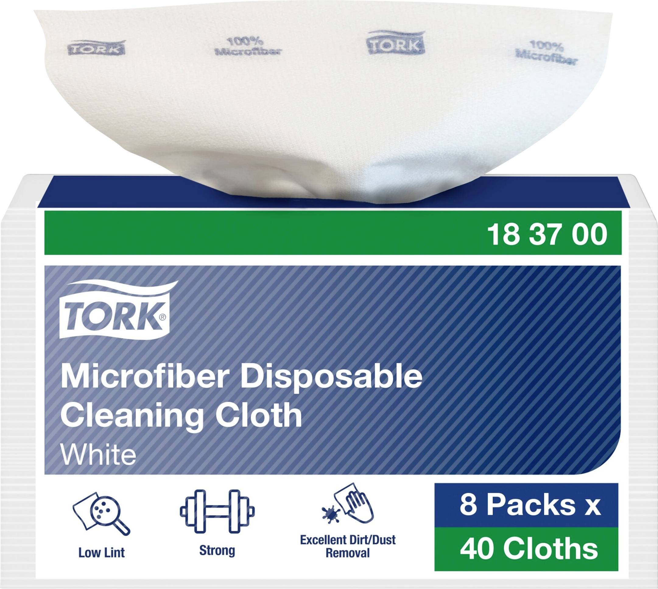 Tork Microfibre Disposable Cleaning Cloth, white, contains 8 packs with 40 cloths each. Excellent dirt removal.
