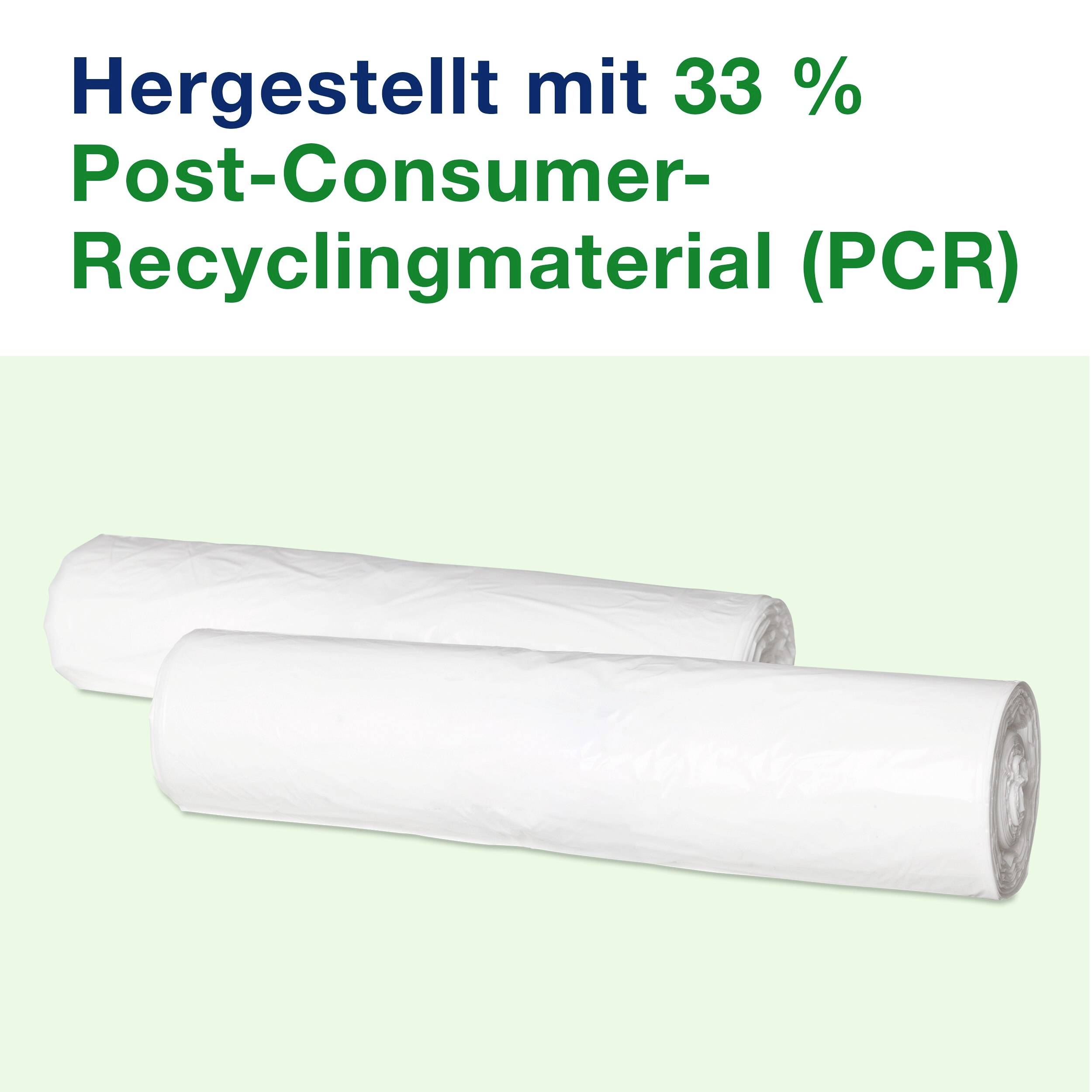 Two white plastic rolls with the inscription 'Manufactured using 33% Post-Consumer Recycled Material (PCR)' next to them.