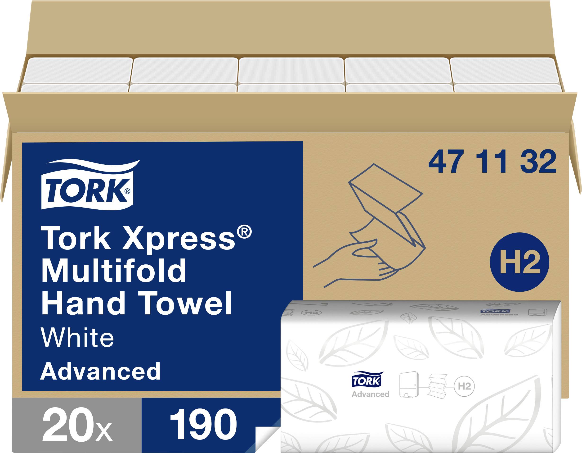 A pack of 'Tork Xpress Multifold Hand Towels', white, 20 packs with 190 towels each, H2 System, for hygienic hand drying.