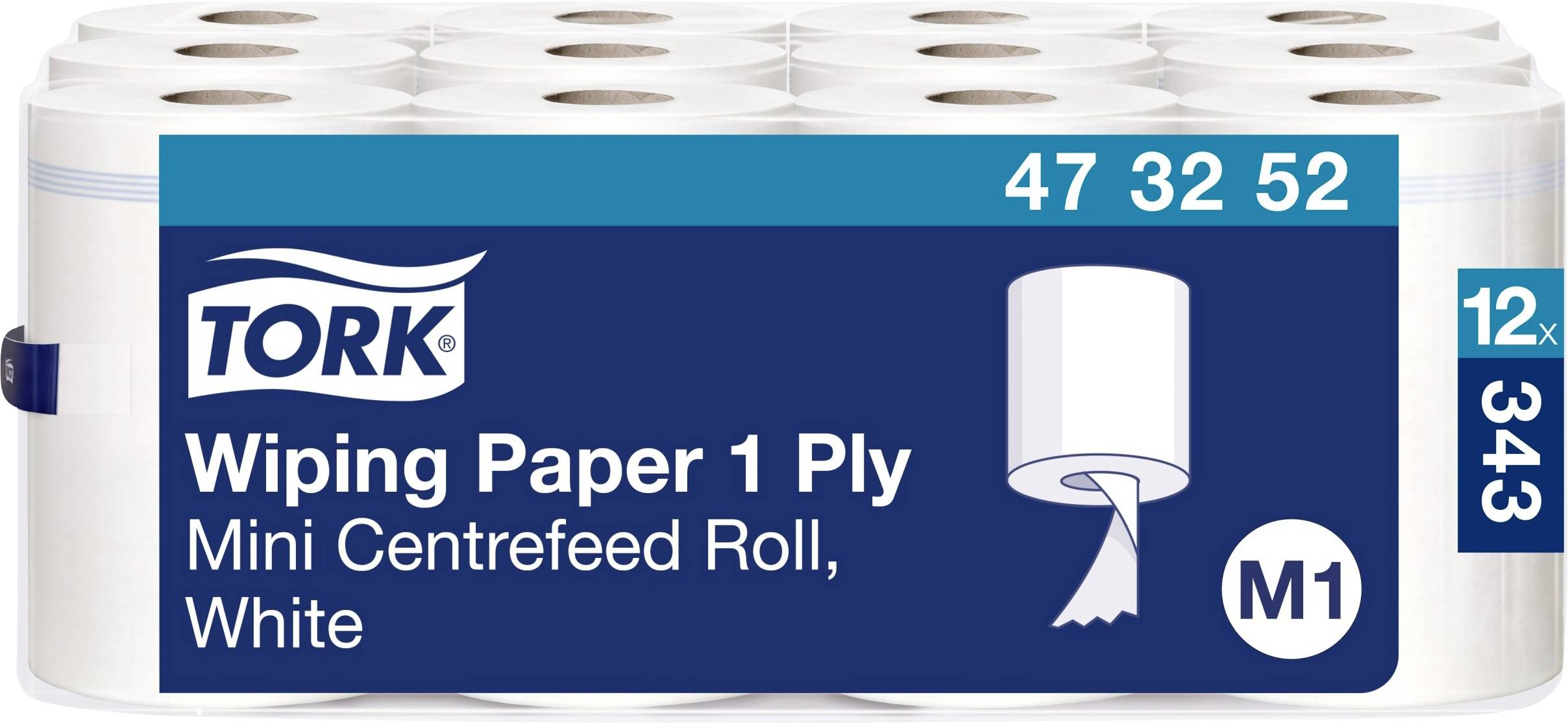 Packaging for 'Tork Wiping Paper 1 Ply', Mini Centrefeed Roll, White, M1, with Article Number 473252, containing 12 Rolls.