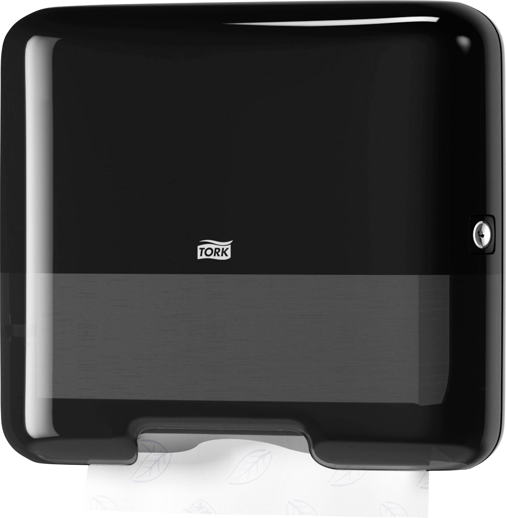 A black Tork paper towel dispenser mounted on the wall, with a piece of paper protruding from the bottom.