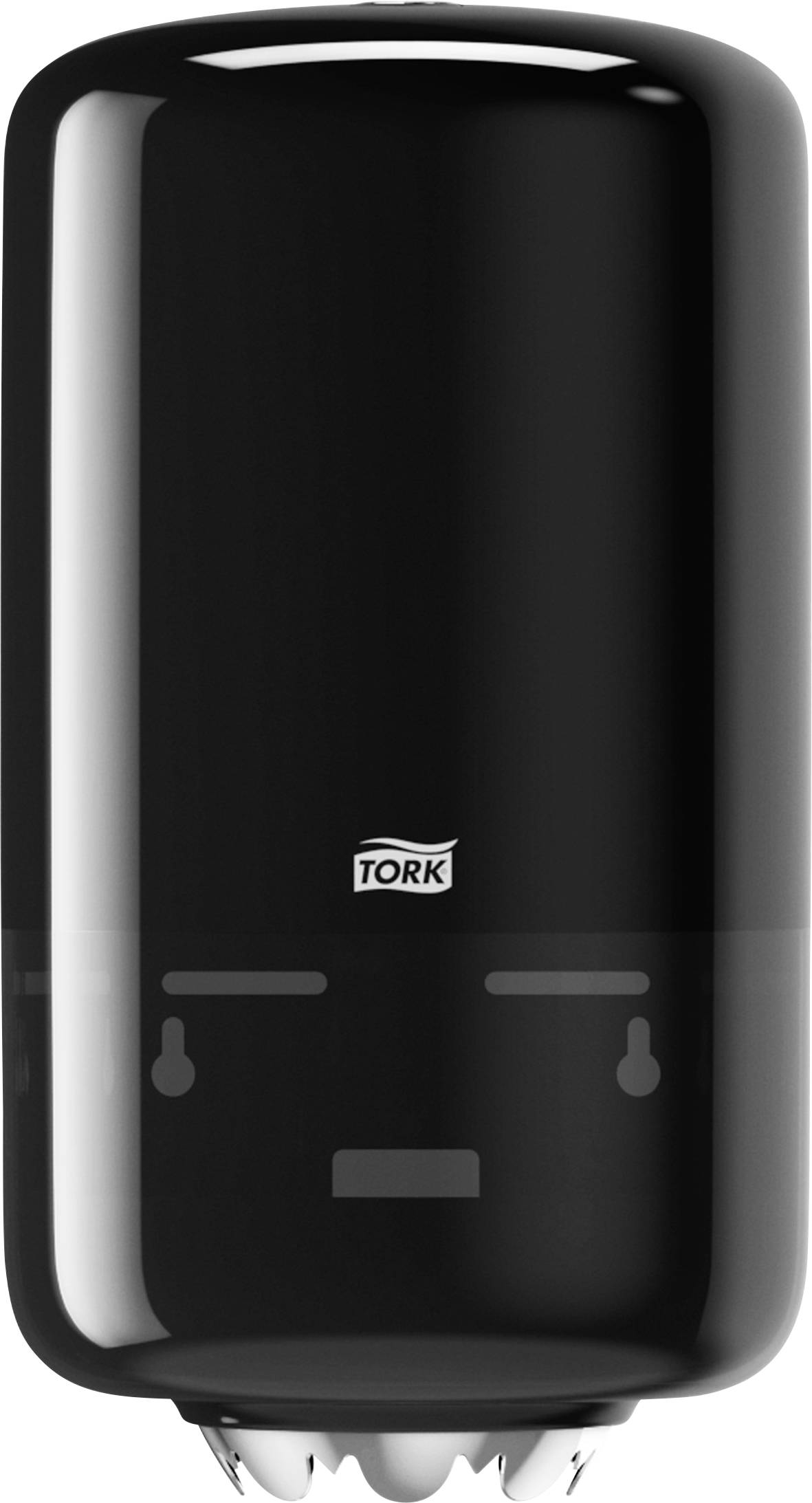 Black paper towel dispenser with 'Tork' logo at the top. Dispenser has a sleek, modern design and is wall-mounted.