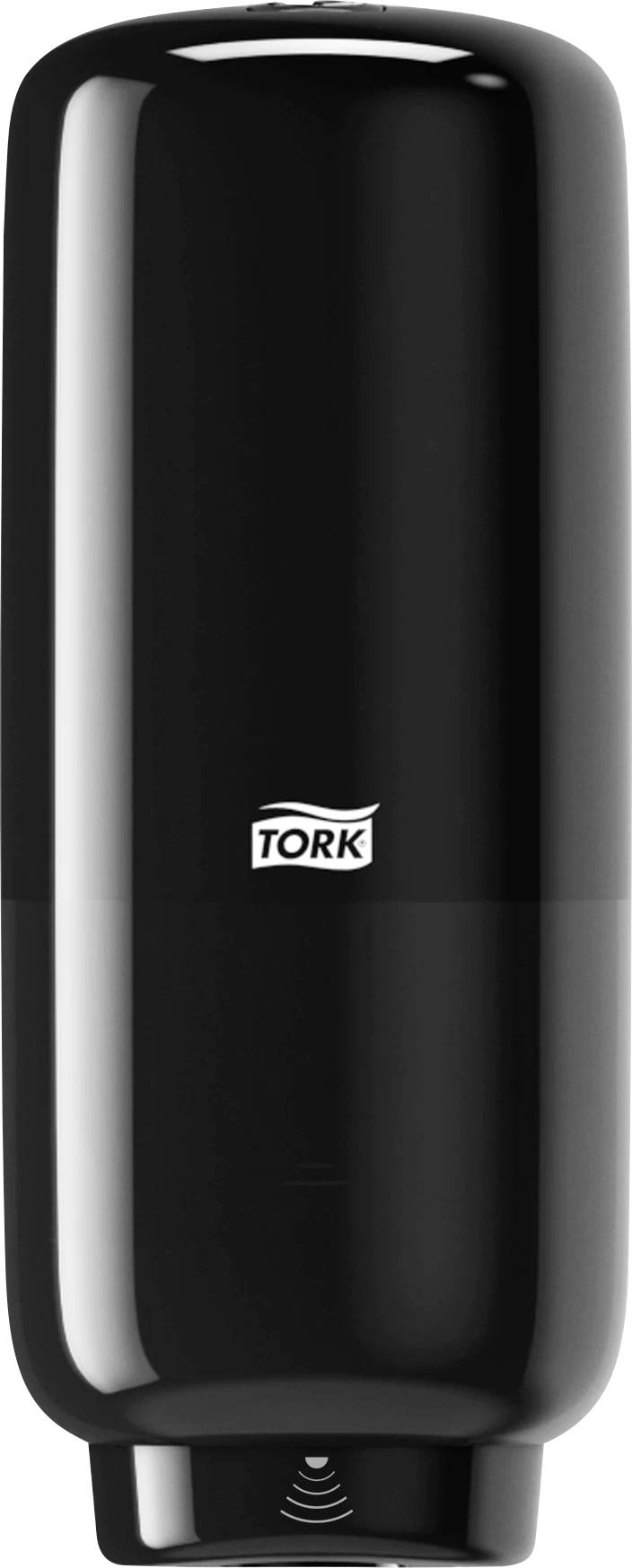 A black, automatic soap dispenser by Tork for touch-free soap dispensing, commonly used in public toilets.