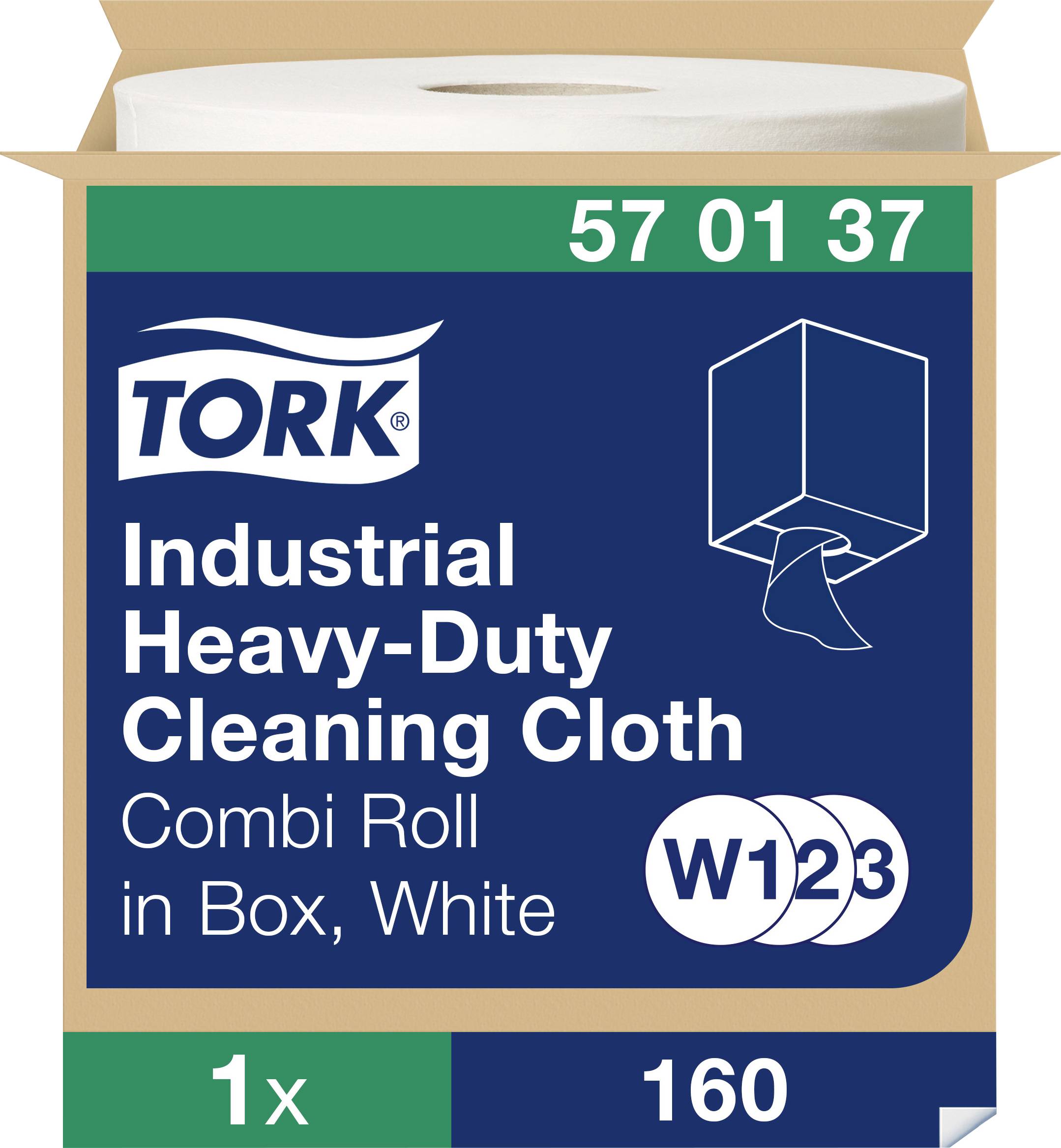 Industrial cleaning wipes in a box, white. Packaging with Tork logo, article number '57 01 37', 160 wipes.